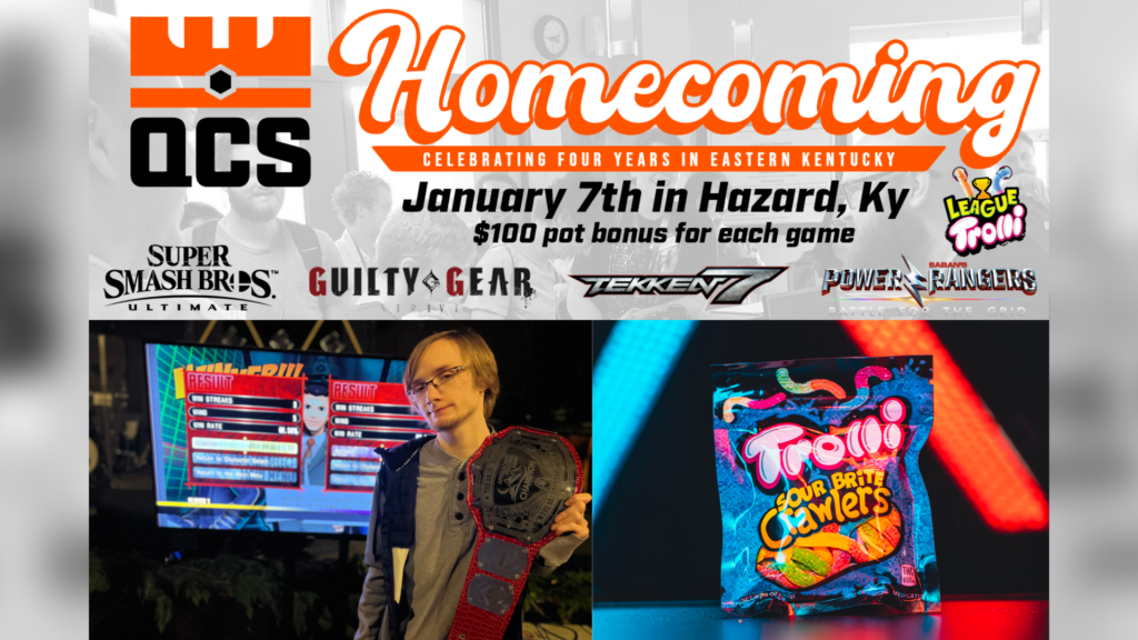 QCS Homecoming promo graphic with Glight holding belt and Trolli gummy worms